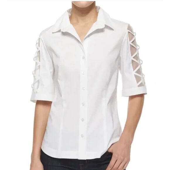 Finley Women’s M Top White 3/4 Sheer Sleeve Button-up collared Blouse Stretch - Picture 1 of 5